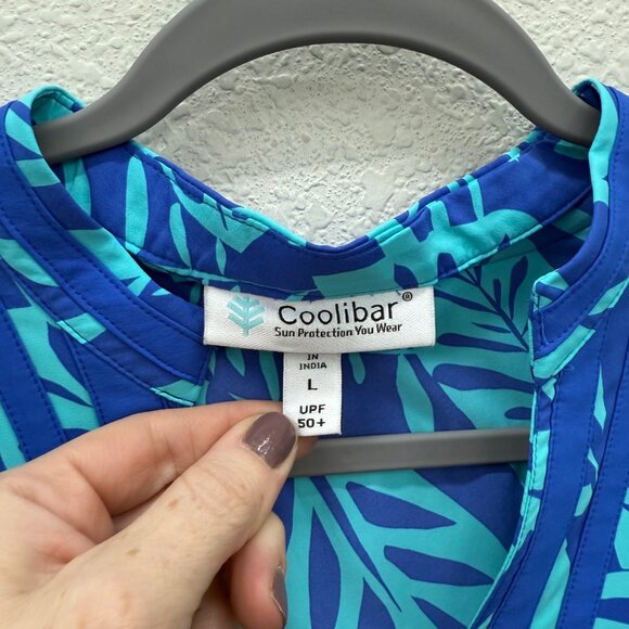 Coolibar Sampika Sun Protection Blue Leaf Print Tunic Dress Womens size Large - Picture 2 of 9